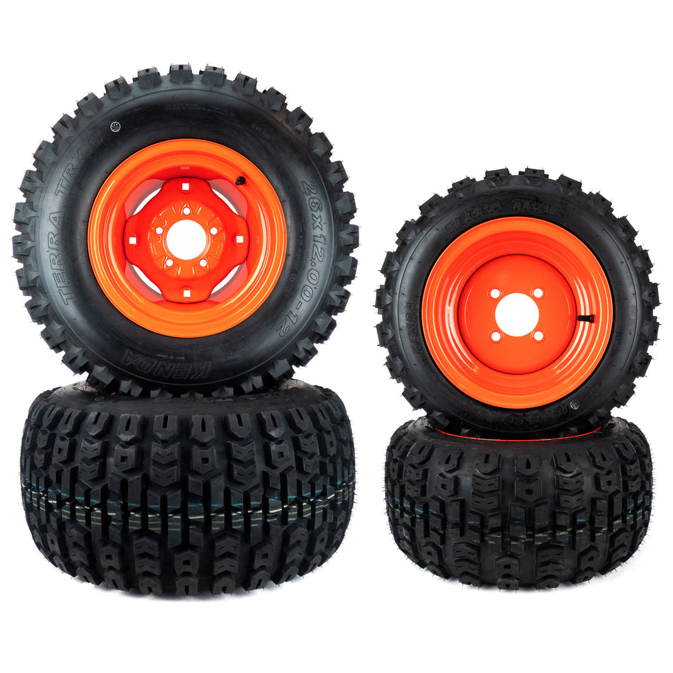 (4) All Terrain Tire Assemblies 26x12.00-12 18x8.50-10 Fits Kubota BX Series K2561-17100 K2581-18420