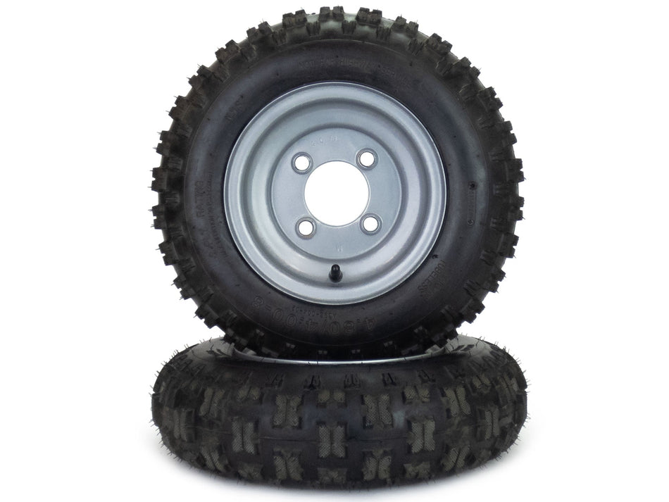 (2) All Terrain Tread 4.80/4.00-8 All Purpose Cart Wheels and Tires 4 Lug Silver